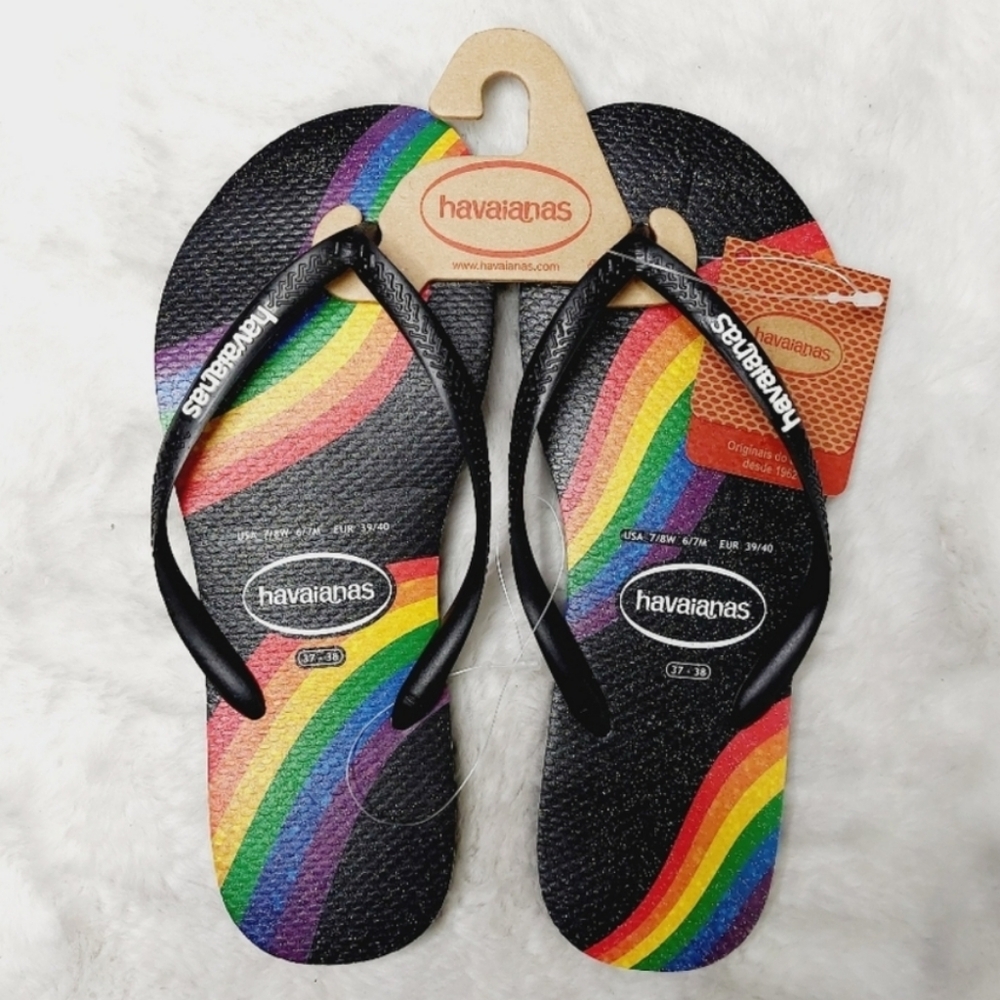 NWT Women's Havaianas Slim Pride Flip Flop Sandal - Black Rainbow - Picture 6 of 12